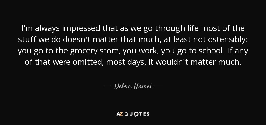 I'm always impressed that as we go through life most of the stuff we do doesn't matter that much, at least not ostensibly: you go to the grocery store, you work, you go to school. If any of that were omitted, most days, it wouldn't matter much. - Debra Hamel