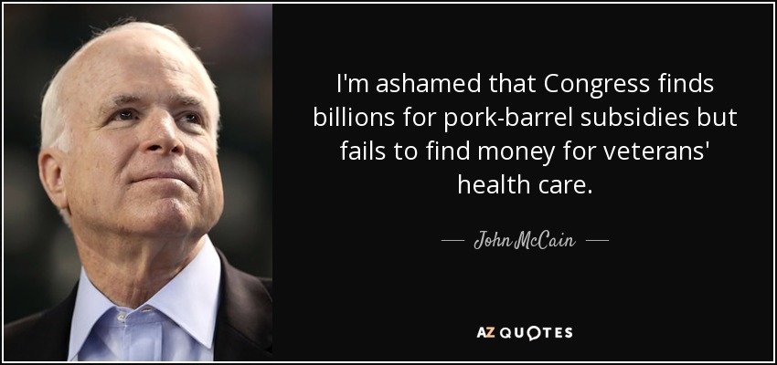 I'm ashamed that Congress finds billions for pork-barrel subsidies but fails to find money for veterans' health care. - John McCain