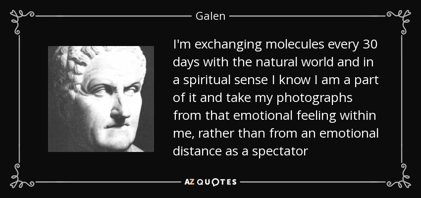 I'm exchanging molecules every 30 days with the natural world and in a spiritual sense I know I am a part of it and take my photographs from that emotional feeling within me, rather than from an emotional distance as a spectator - Galen