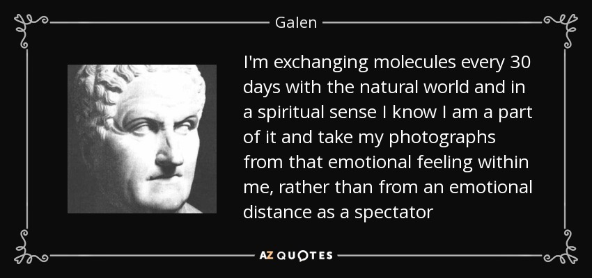 I'm exchanging molecules every 30 days with the natural world and in a spiritual sense I know I am a part of it and take my photographs from that emotional feeling within me, rather than from an emotional distance as a spectator - Galen