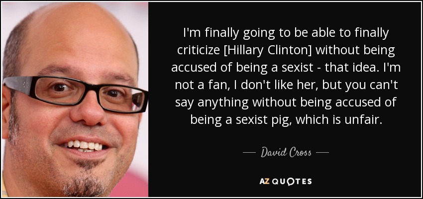I'm finally going to be able to finally criticize [Hillary Clinton] without being accused of being a sexist - that idea. I'm not a fan, I don't like her, but you can't say anything without being accused of being a sexist pig, which is unfair. - David Cross
