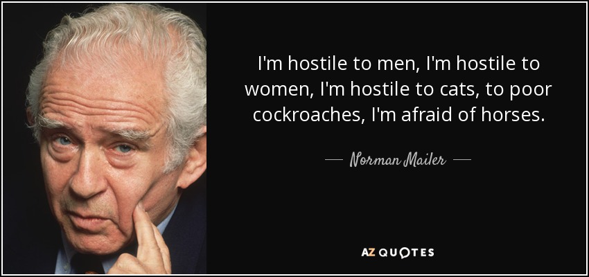 I'm hostile to men, I'm hostile to women, I'm hostile to cats, to poor cockroaches, I'm afraid of horses. - Norman Mailer