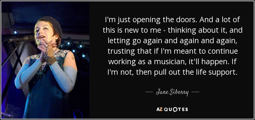 I'm just opening the doors. And a lot of this is new to me - thinking about it, and letting go again and again and again, trusting that if I'm meant to continue working as a musician, it'll happen. If I'm not, then pull out the life support. - Jane Siberry