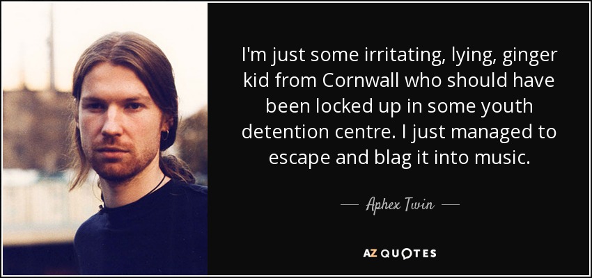I'm just some irritating, lying, ginger kid from Cornwall who should have been locked up in some youth detention centre. I just managed to escape and blag it into music. - Aphex Twin