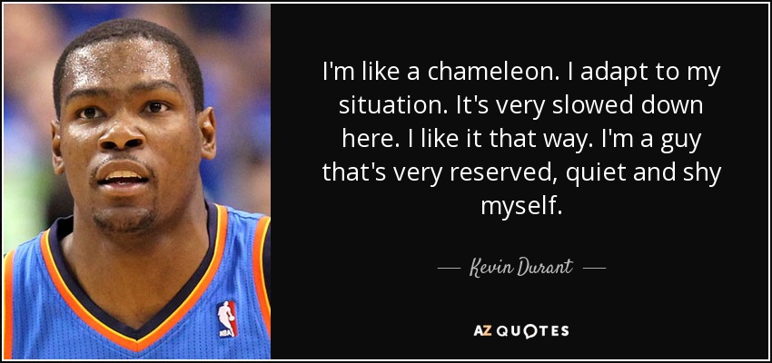 I'm like a chameleon. I adapt to my situation. It's very slowed down here. I like it that way. I'm a guy that's very reserved, quiet and shy myself. - Kevin Durant