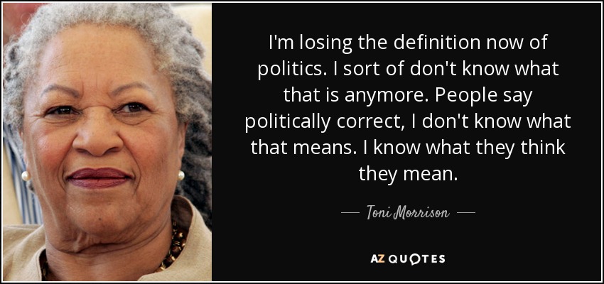 I'm losing the definition now of politics. I sort of don't know what that is anymore. People say politically correct, I don't know what that means. I know what they think they mean. - Toni Morrison