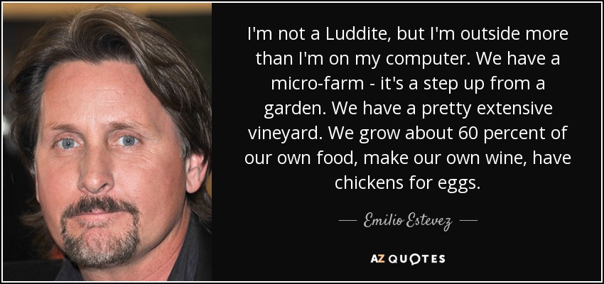 I'm not a Luddite, but I'm outside more than I'm on my computer. We have a micro-farm - it's a step up from a garden. We have a pretty extensive vineyard. We grow about 60 percent of our own food, make our own wine, have chickens for eggs. - Emilio Estevez