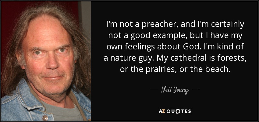I'm not a preacher, and I'm certainly not a good example, but I have my own feelings about God. I'm kind of a nature guy. My cathedral is forests, or the prairies, or the beach. - Neil Young