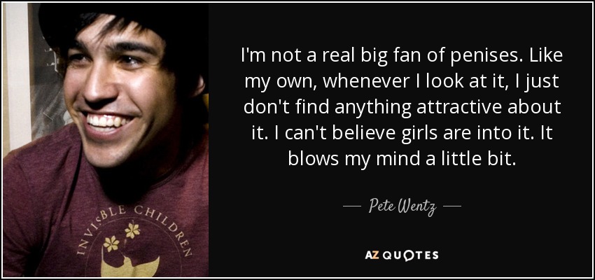 I'm not a real big fan of penises. Like my own, whenever I look at it, I just don't find anything attractive about it. I can't believe girls are into it. It blows my mind a little bit. - Pete Wentz