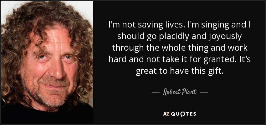 I'm not saving lives. I'm singing and I should go placidly and joyously through the whole thing and work hard and not take it for granted. It's great to have this gift. - Robert Plant