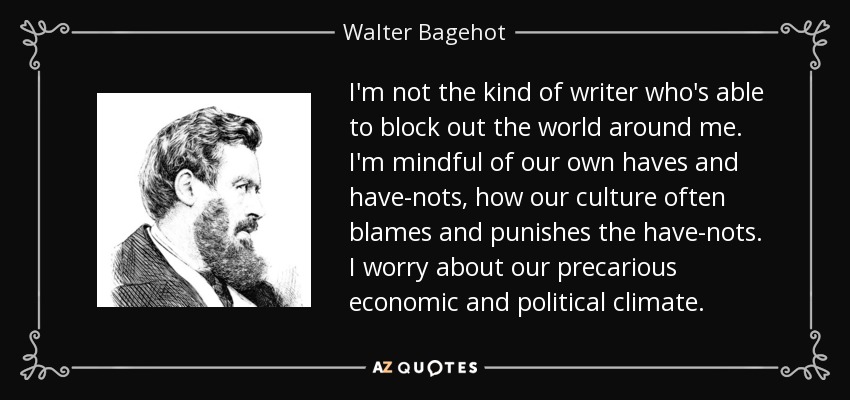 I'm not the kind of writer who's able to block out the world around me. I'm mindful of our own haves and have-nots, how our culture often blames and punishes the have-nots. I worry about our precarious economic and political climate. - Walter Bagehot