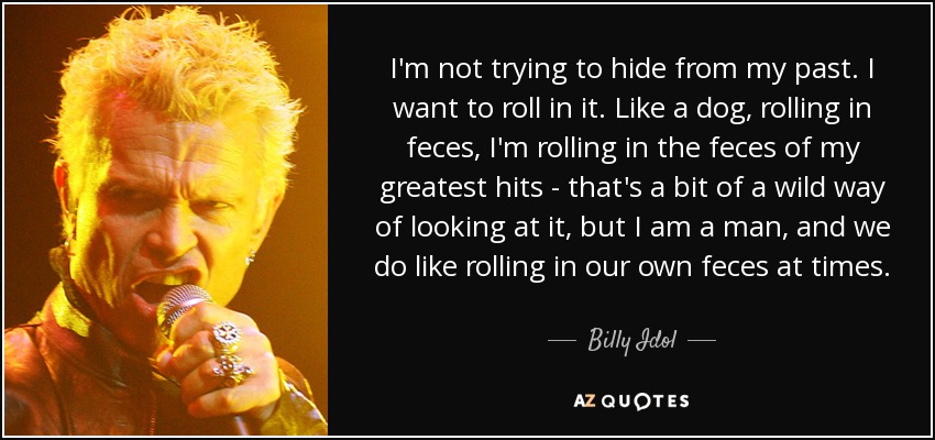 I'm not trying to hide from my past. I want to roll in it. Like a dog, rolling in feces, I'm rolling in the feces of my greatest hits - that's a bit of a wild way of looking at it, but I am a man, and we do like rolling in our own feces at times. - Billy Idol