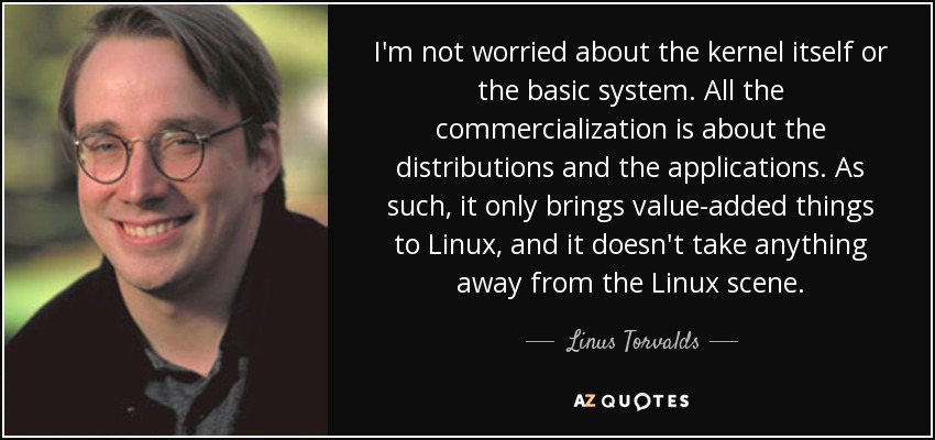 I'm not worried about the kernel itself or the basic system. All the commercialization is about the distributions and the applications. As such, it only brings value-added things to Linux, and it doesn't take anything away from the Linux scene. - Linus Torvalds