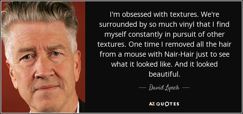 I'm obsessed with textures. We're surrounded by so much vinyl that I find myself constantly in pursuit of other textures. One time I removed all the hair from a mouse with Nair-Hair just to see what it looked like. And it looked beautiful. - David Lynch