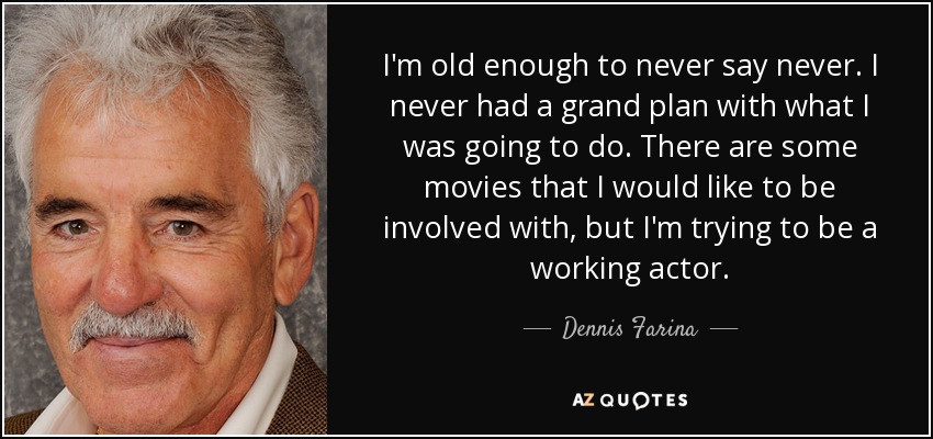 I'm old enough to never say never. I never had a grand plan with what I was going to do. There are some movies that I would like to be involved with, but I'm trying to be a working actor. - Dennis Farina
