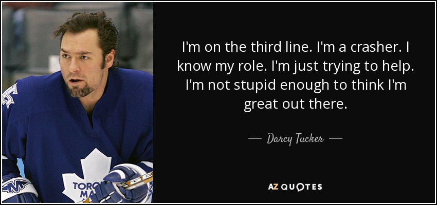 I'm on the third line. I'm a crasher. I know my role. I'm just trying to help. I'm not stupid enough to think I'm great out there. - Darcy Tucker