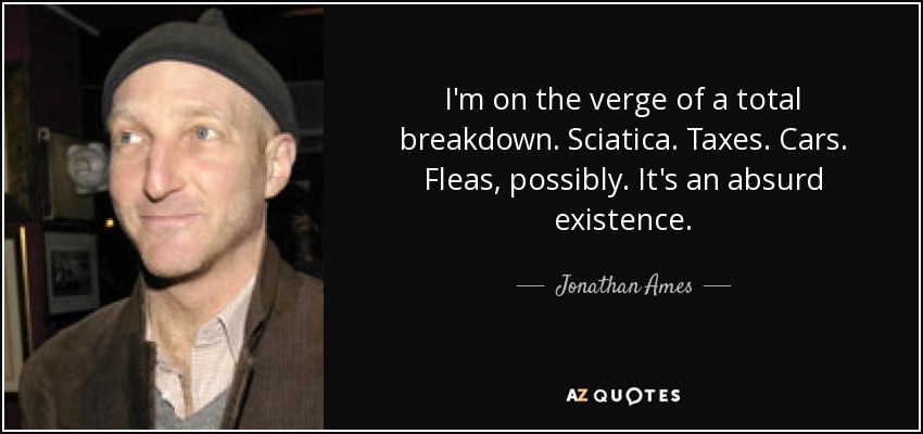 I'm on the verge of a total breakdown. Sciatica. Taxes. Cars. Fleas, possibly. It's an absurd existence. - Jonathan Ames