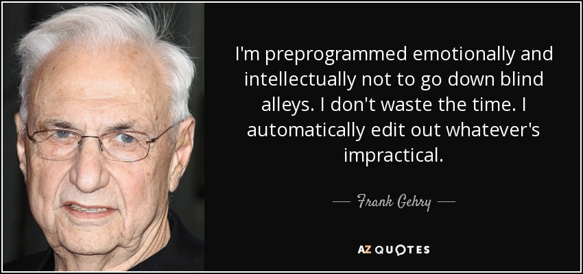 I'm preprogrammed emotionally and intellectually not to go down blind alleys. I don't waste the time. I automatically edit out whatever's impractical. - Frank Gehry