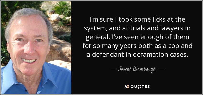 I'm sure I took some licks at the system, and at trials and lawyers in general. I've seen enough of them for so many years both as a cop and a defendant in defamation cases. - Joseph Wambaugh