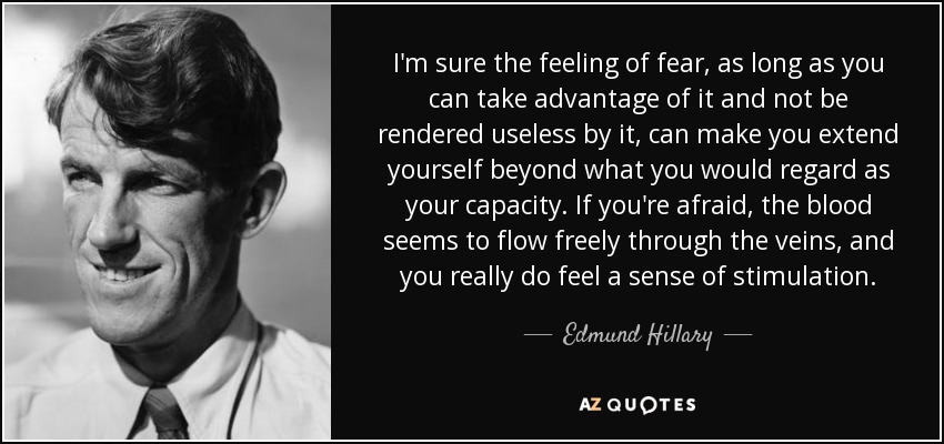 I'm sure the feeling of fear, as long as you can take advantage of it and not be rendered useless by it, can make you extend yourself beyond what you would regard as your capacity. If you're afraid, the blood seems to flow freely through the veins, and you really do feel a sense of stimulation. - Edmund Hillary