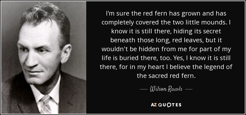 I'm sure the red fern has grown and has completely covered the two little mounds. I know it is still there, hiding its secret beneath those long, red leaves, but it wouldn't be hidden from me for part of my life is buried there, too. Yes, I know it is still there, for in my heart I believe the legend of the sacred red fern. - Wilson Rawls