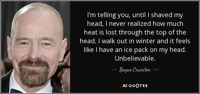 I'm telling you, until I shaved my head, I never realized how much heat is lost through the top of the head. I walk out in winter and it feels like I have an ice pack on my head. Unbelievable. - Bryan Cranston
