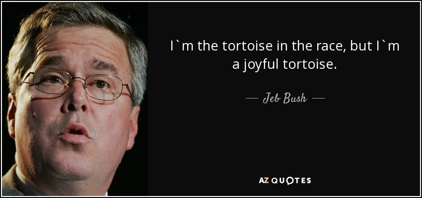 I`m the tortoise in the race, but I`m a joyful tortoise. - Jeb Bush