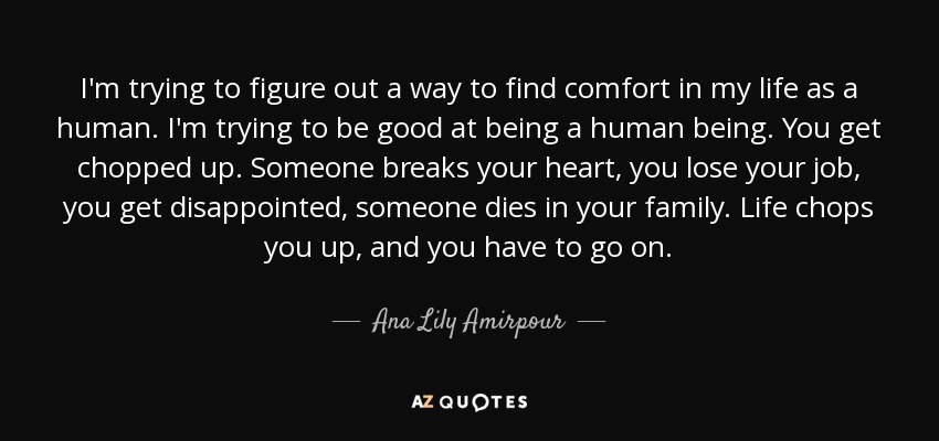 I'm trying to figure out a way to find comfort in my life as a human. I'm trying to be good at being a human being. You get chopped up. Someone breaks your heart, you lose your job, you get disappointed, someone dies in your family. Life chops you up, and you have to go on. - Ana Lily Amirpour