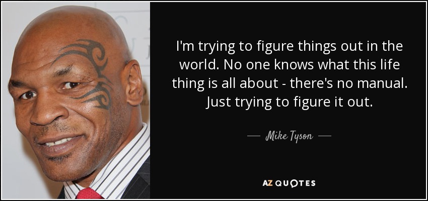 I'm trying to figure things out in the world. No one knows what this life thing is all about - there's no manual. Just trying to figure it out. - Mike Tyson