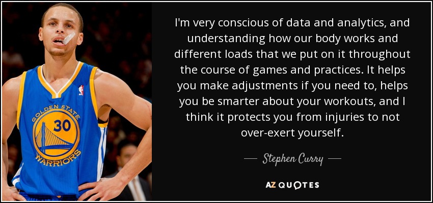 I'm very conscious of data and analytics, and understanding how our body works and different loads that we put on it throughout the course of games and practices. It helps you make adjustments if you need to, helps you be smarter about your workouts, and I think it protects you from injuries to not over-exert yourself. - Stephen Curry