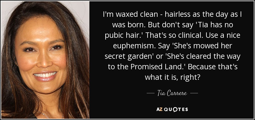 I'm waxed clean - hairless as the day as I was born. But don't say 'Tia has no pubic hair.' That's so clinical. Use a nice euphemism. Say 'She's mowed her secret garden' or 'She's cleared the way to the Promised Land.' Because that's what it is, right? - Tia Carrere