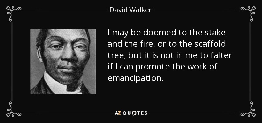 I may be doomed to the stake and the fire, or to the scaffold tree, but it is not in me to falter if I can promote the work of emancipation. - David Walker