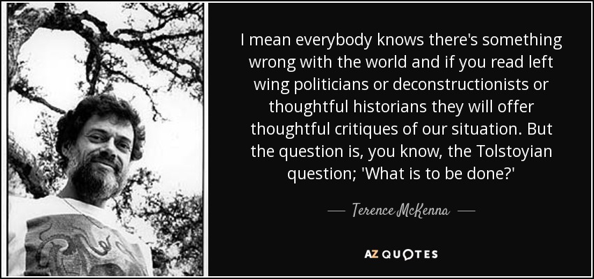 I mean everybody knows there's something wrong with the world and if you read left wing politicians or deconstructionists or thoughtful historians they will offer thoughtful critiques of our situation. But the question is, you know, the Tolstoyian question; 'What is to be done?' - Terence McKenna
