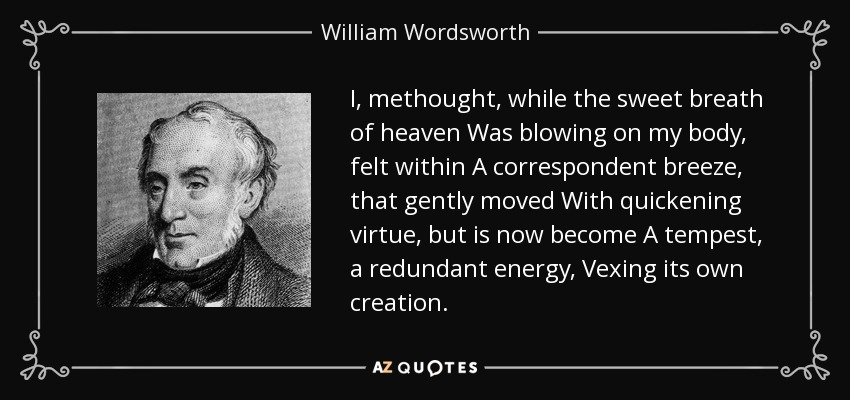 I, methought, while the sweet breath of heaven Was blowing on my body, felt within A correspondent breeze, that gently moved With quickening virtue, but is now become A tempest, a redundant energy, Vexing its own creation. - William Wordsworth