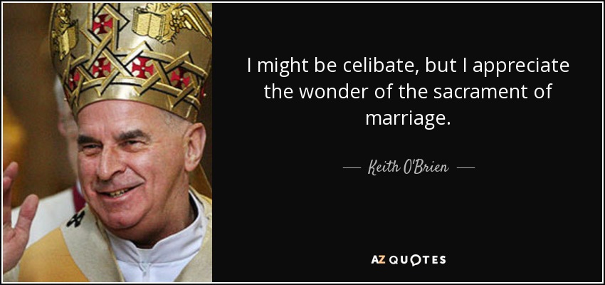 I might be celibate, but I appreciate the wonder of the sacrament of marriage. - Keith O'Brien