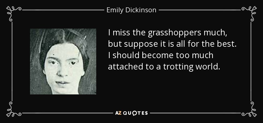 I miss the grasshoppers much, but suppose it is all for the best. I should become too much attached to a trotting world. - Emily Dickinson