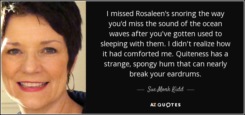 I missed Rosaleen's snoring the way you'd miss the sound of the ocean waves after you've gotten used to sleeping with them. I didn't realize how it had comforted me. Quiteness has a strange, spongy hum that can nearly break your eardrums. - Sue Monk Kidd