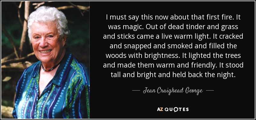 I must say this now about that first fire. It was magic. Out of dead tinder and grass and sticks came a live warm light. It cracked and snapped and smoked and filled the woods with brightness. It lighted the trees and made them warm and friendly. It stood tall and bright and held back the night. - Jean Craighead George