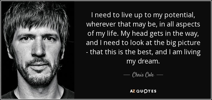 I need to live up to my potential, wherever that may be, in all aspects of my life. My head gets in the way, and I need to look at the big picture - that this is the best, and I am living my dream. - Chris Cole