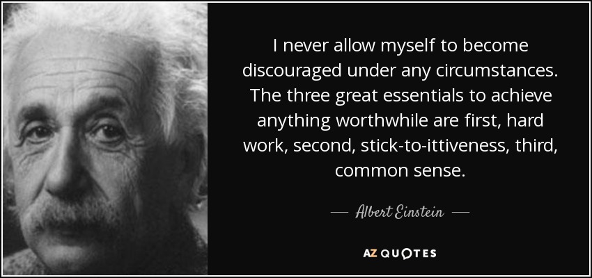 I never allow myself to become discouraged under any circumstances. The three great essentials to achieve anything worthwhile are first, hard work, second, stick-to-ittiveness, third, common sense. - Albert Einstein