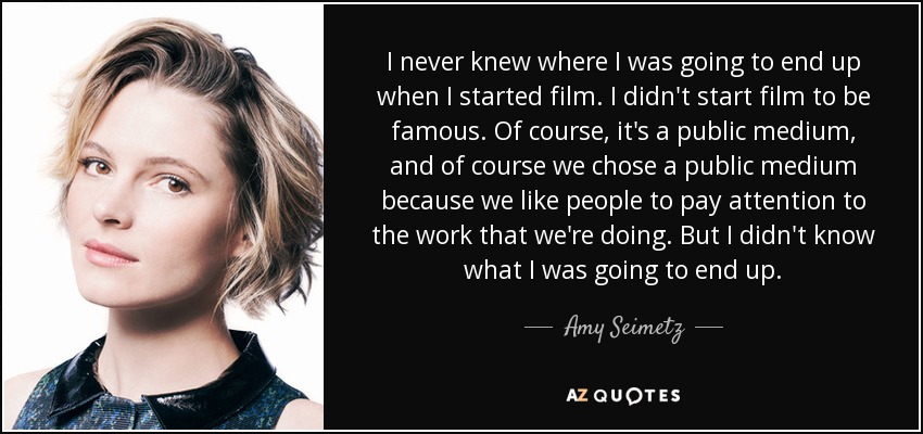 I never knew where I was going to end up when I started film. I didn't start film to be famous. Of course, it's a public medium, and of course we chose a public medium because we like people to pay attention to the work that we're doing. But I didn't know what I was going to end up. - Amy Seimetz