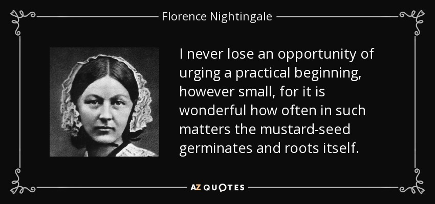 I never lose an opportunity of urging a practical beginning, however small, for it is wonderful how often in such matters the mustard-seed germinates and roots itself. - Florence Nightingale