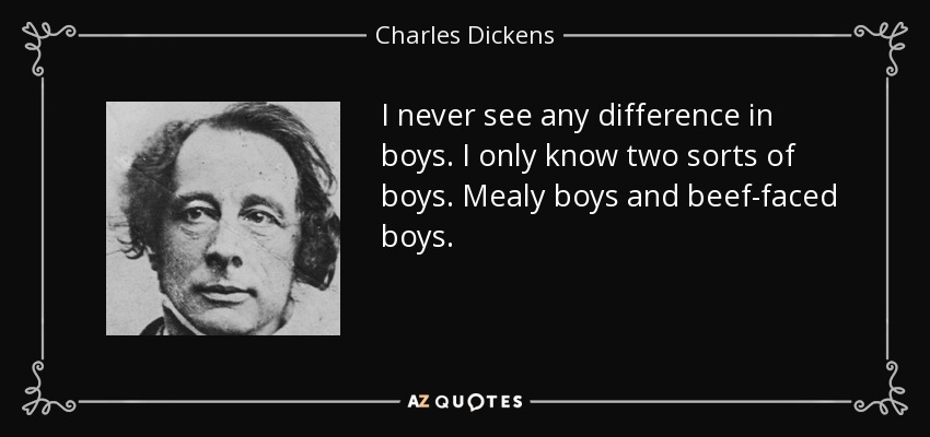 I never see any difference in boys. I only know two sorts of boys. Mealy boys and beef-faced boys. - Charles Dickens