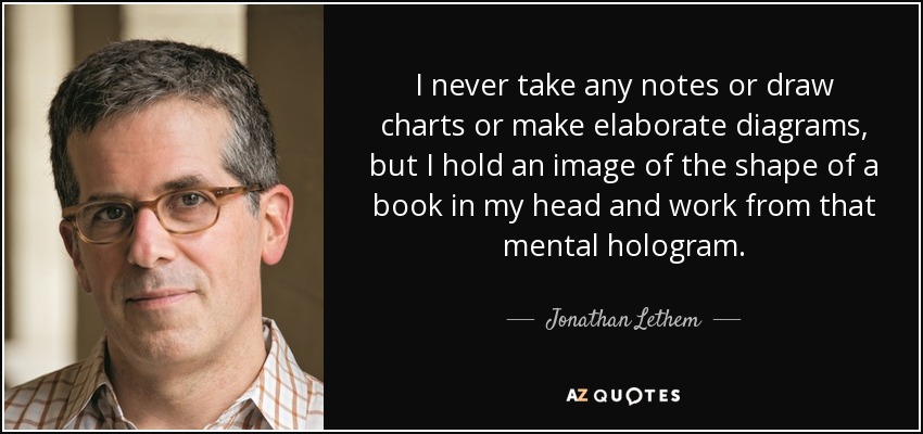 I never take any notes or draw charts or make elaborate diagrams, but I hold an image of the shape of a book in my head and work from that mental hologram. - Jonathan Lethem