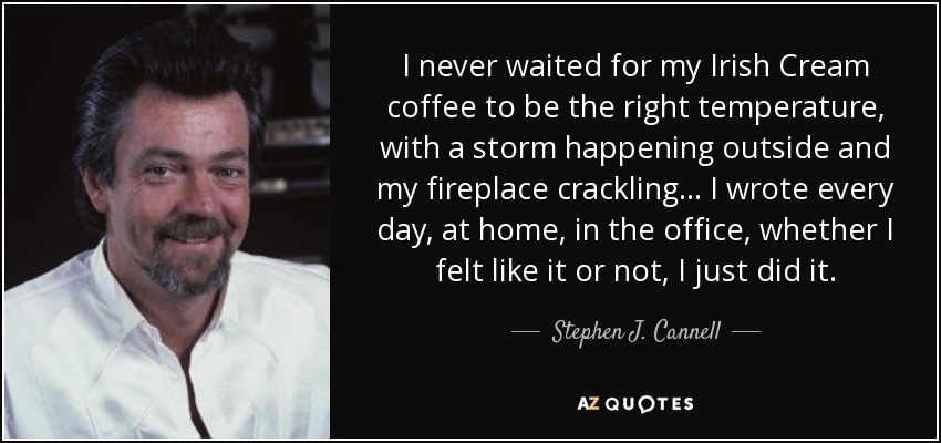 I never waited for my Irish Cream coffee to be the right temperature, with a storm happening outside and my fireplace crackling ... I wrote every day, at home, in the office, whether I felt like it or not, I just did it. - Stephen J. Cannell