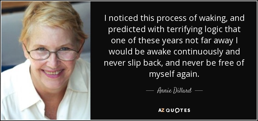 I noticed this process of waking, and predicted with terrifying logic that one of these years not far away I would be awake continuously and never slip back, and never be free of myself again. - Annie Dillard