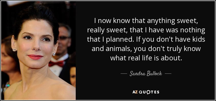 I now know that anything sweet, really sweet, that I have was nothing that I planned. If you don't have kids and animals, you don't truly know what real life is about. - Sandra Bullock