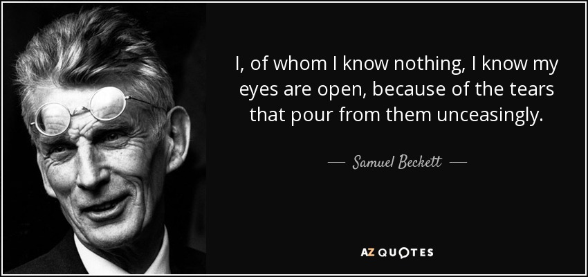 I, of whom I know nothing, I know my eyes are open, because of the tears that pour from them unceasingly. - Samuel Beckett