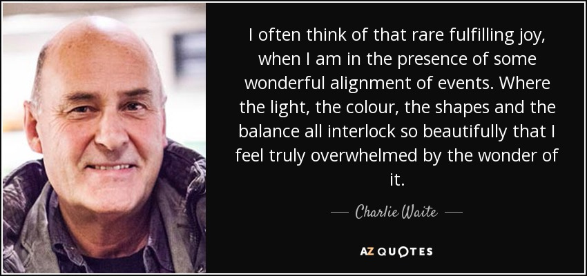 I often think of that rare fulfilling joy, when I am in the presence of some wonderful alignment of events. Where the light, the colour, the shapes and the balance all interlock so beautifully that I feel truly overwhelmed by the wonder of it. - Charlie Waite
