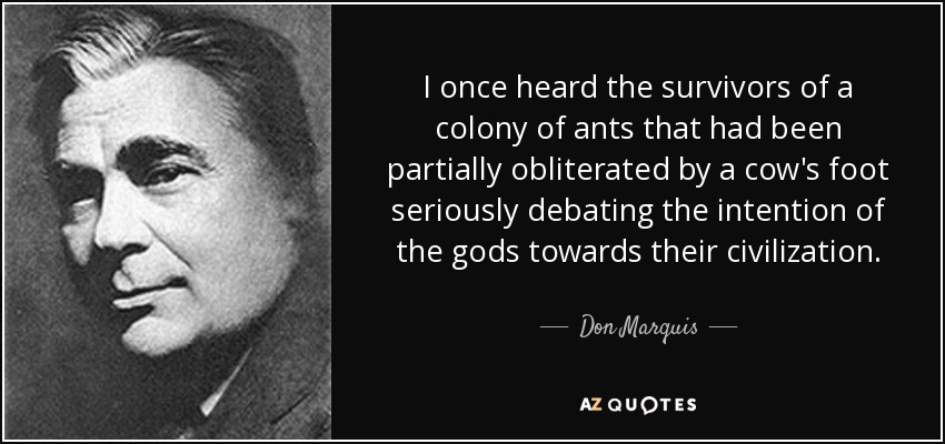 I once heard the survivors of a colony of ants that had been partially obliterated by a cow's foot seriously debating the intention of the gods towards their civilization. - Don Marquis